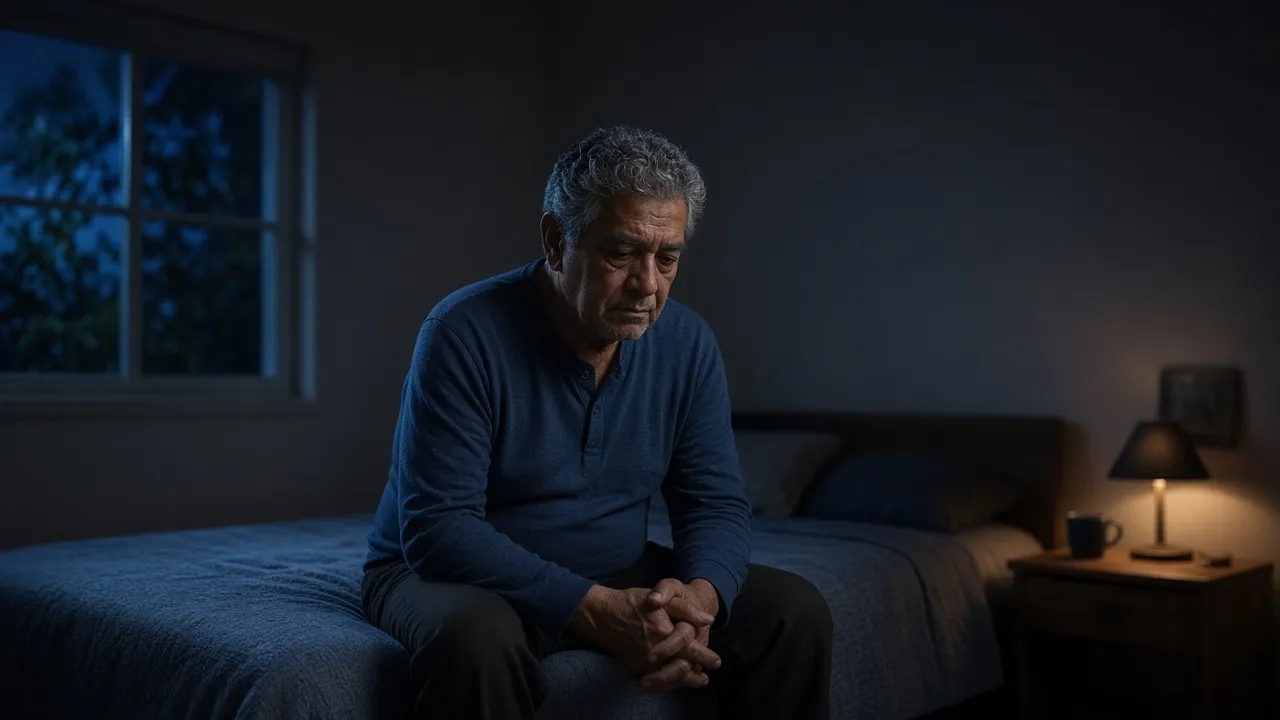 Homem sentado na beira da cama durante a noite, em quarto com luz baixa (imagem ilustrativa)