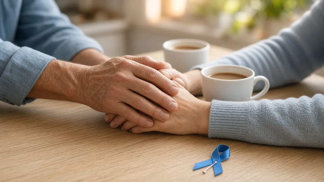 Mãos de um casal de meia-idade entrelaçadas sobre mesa de madeira, com duas xícaras de café e um laço azul ao lado (imagem ilustrativa)